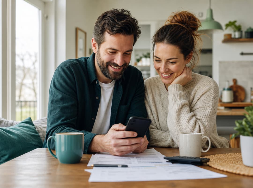 Un couple souriant consulte sa demande de prêt sur un téléphone, à la table de sa cuisine